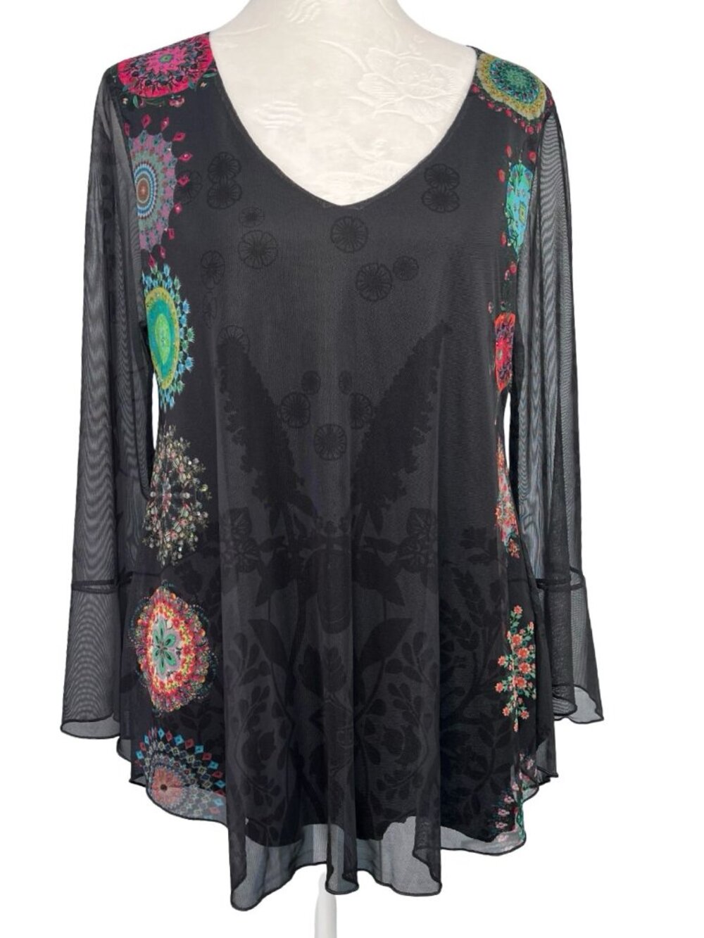 Desigual Blouse Black Mesh Sheer 3/4 Sleeve Colorful Sequins V-Neck Size Medium